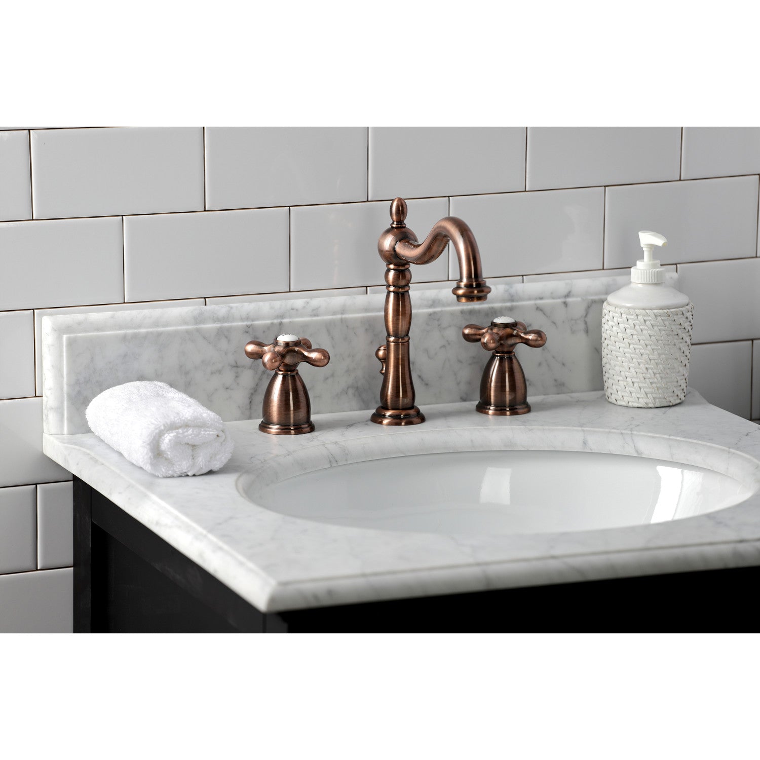 Kingston Heirloom KB197AXAC - Heritage Two-Handle 3-Hole Deck Mount Widespread Bathroom Faucet with Brass Pop-Up, Antique Copper — thumbnail 2